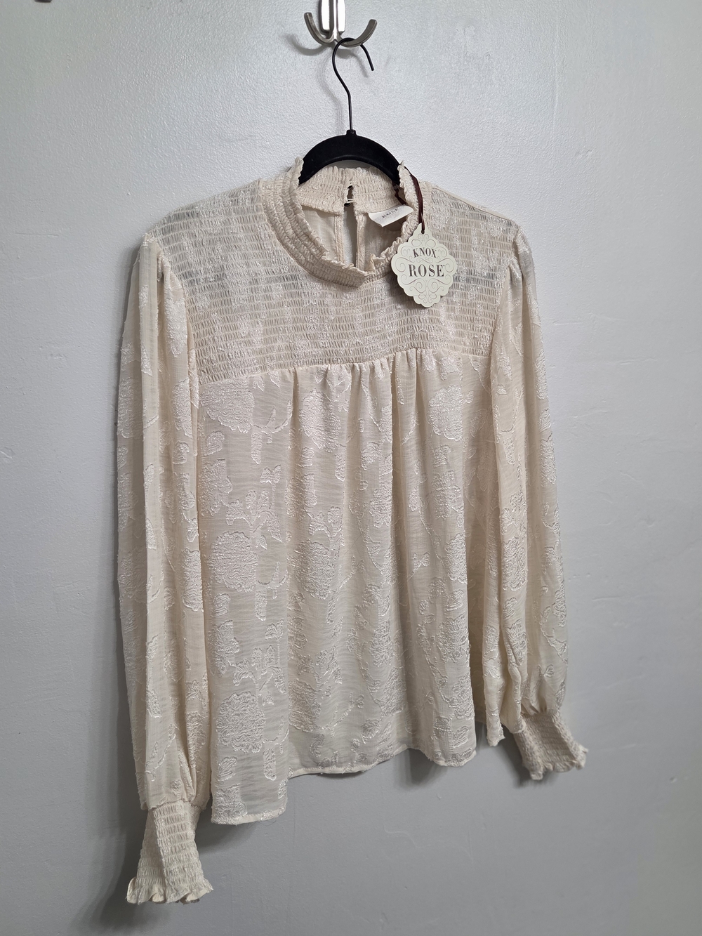 Knox Rose Cream Lace Smocked High-Neck Blouse